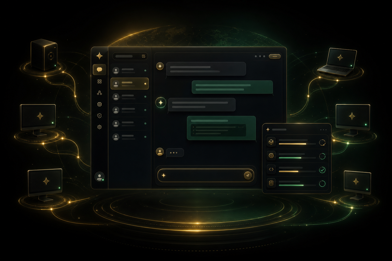 The MAJIC AI chat interface, with a conversation, an active-tasks panel, and a fleet of managed computers