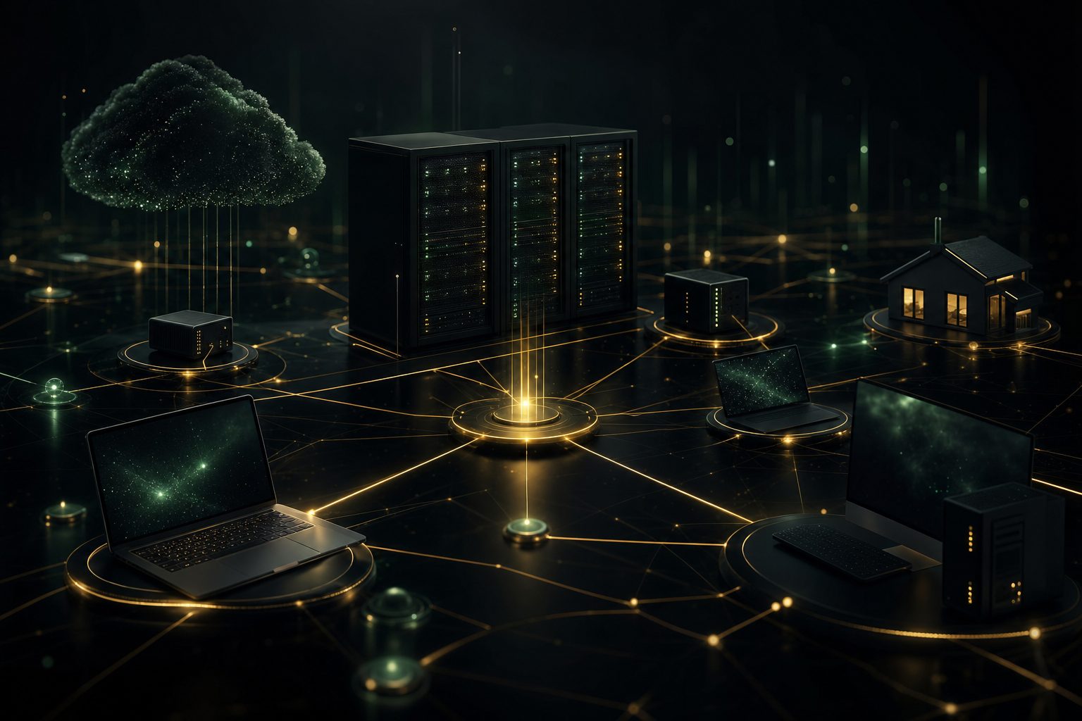 A glowing network of connected computers, servers and a home, watched over by MAJIC